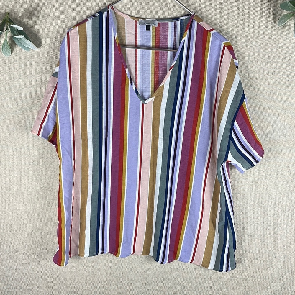 Allison Joy > Striped V Neck Short Sleeve Blouse Large